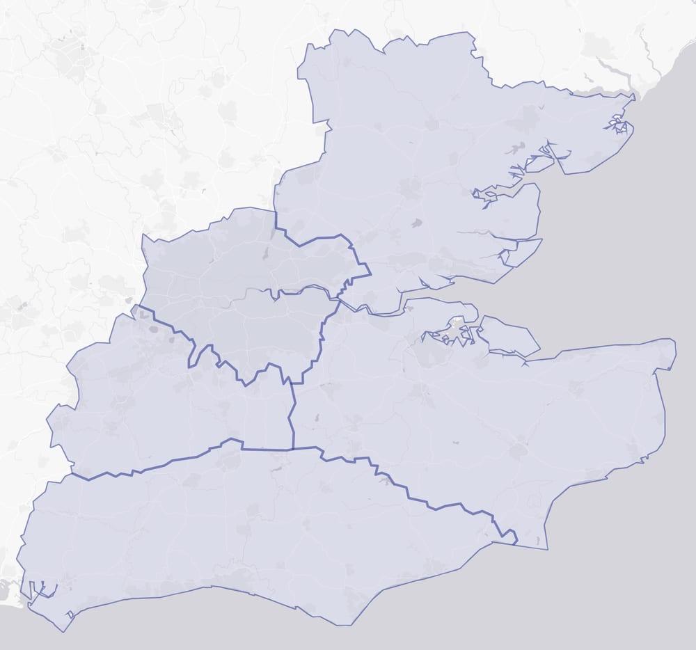 Map of South East England with Sussex, Surrey, Kent, London and Essex shaded as the areas Certa MPS covers from its base in Burgess Hill.